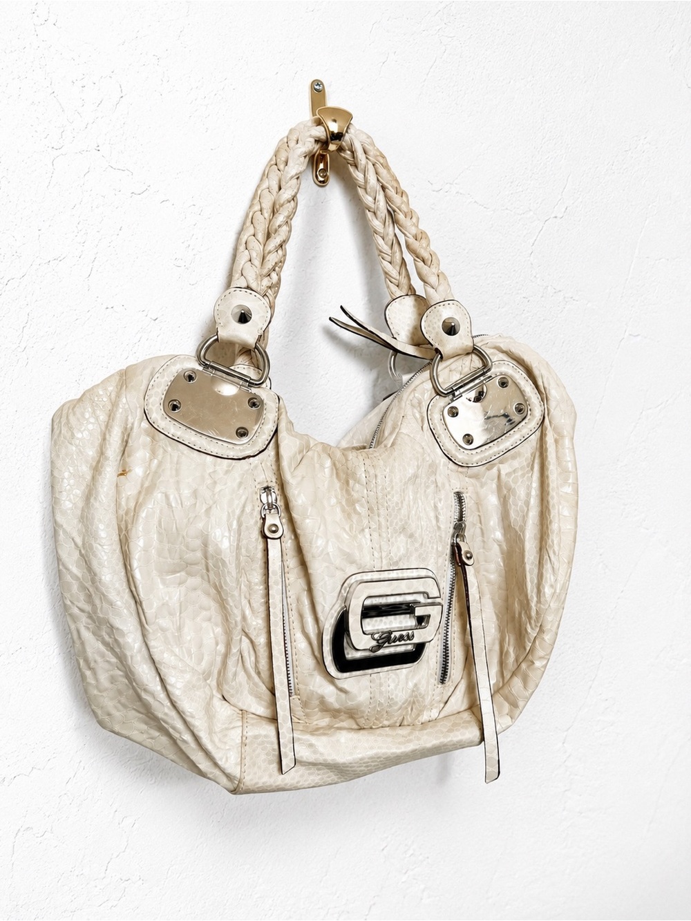 Vintage Guess Croc Embossed Hobo Bag – Y2K Cream Shoulder Purse